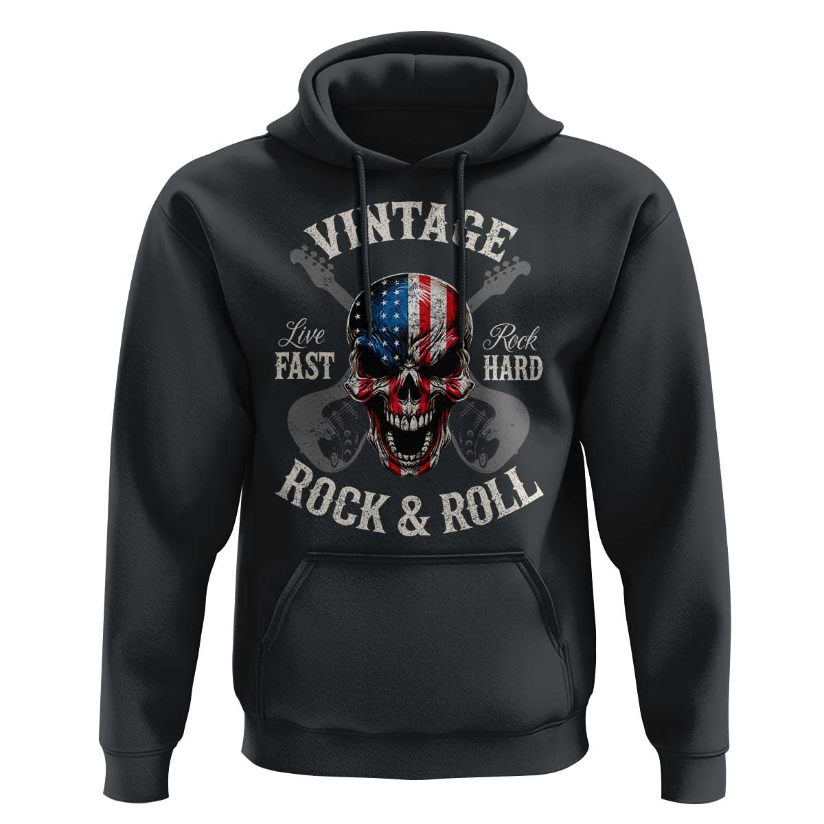 Vintage Rock and Roll Skull Guitar Rocker Hoodie Live Fast Rock Hard American Flag