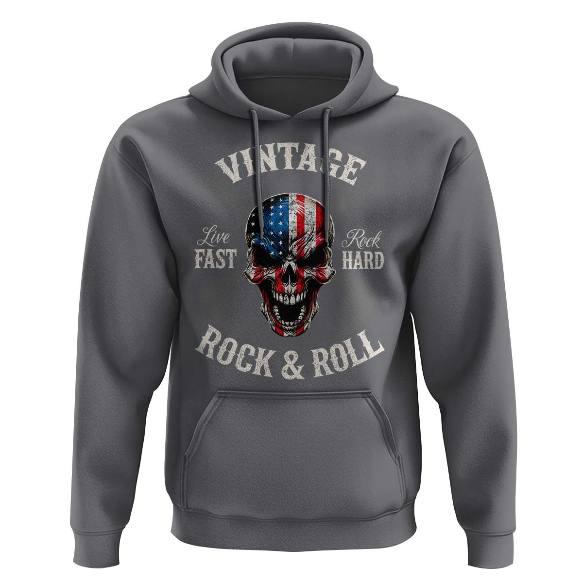 Vintage Rock and Roll Skull Guitar Rocker Hoodie Live Fast Rock Hard American Flag
