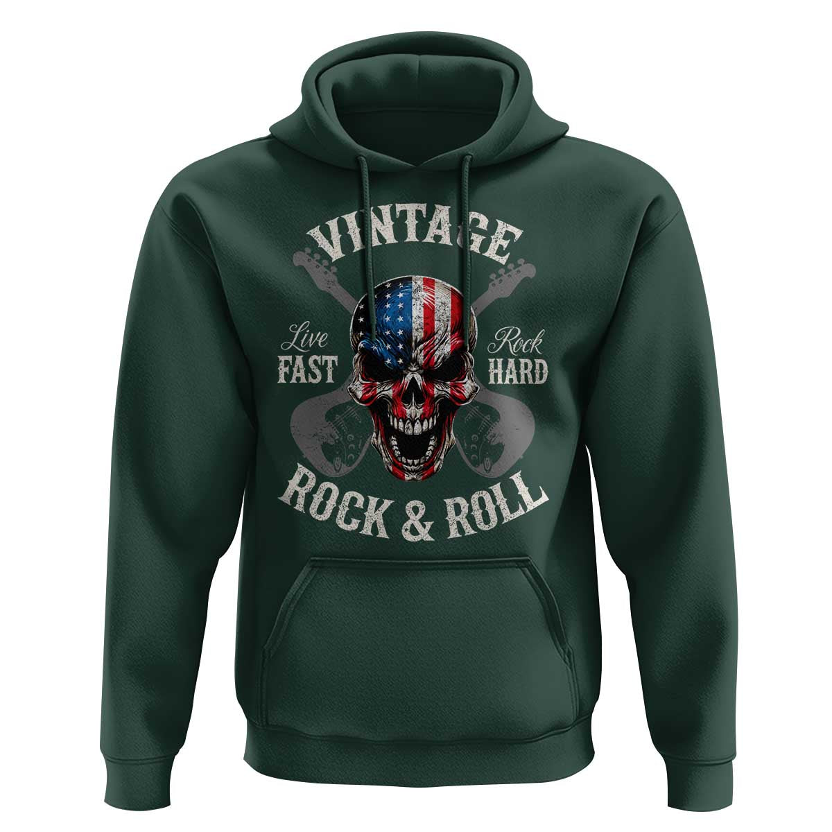 Vintage Rock and Roll Skull Guitar Rocker Hoodie Live Fast Rock Hard American Flag