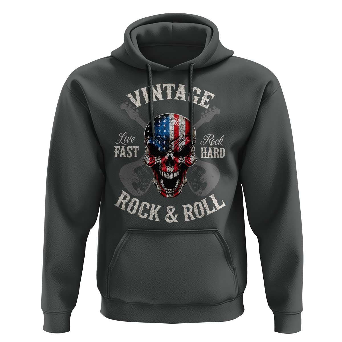 Vintage Rock and Roll Skull Guitar Rocker Hoodie Live Fast Rock Hard American Flag