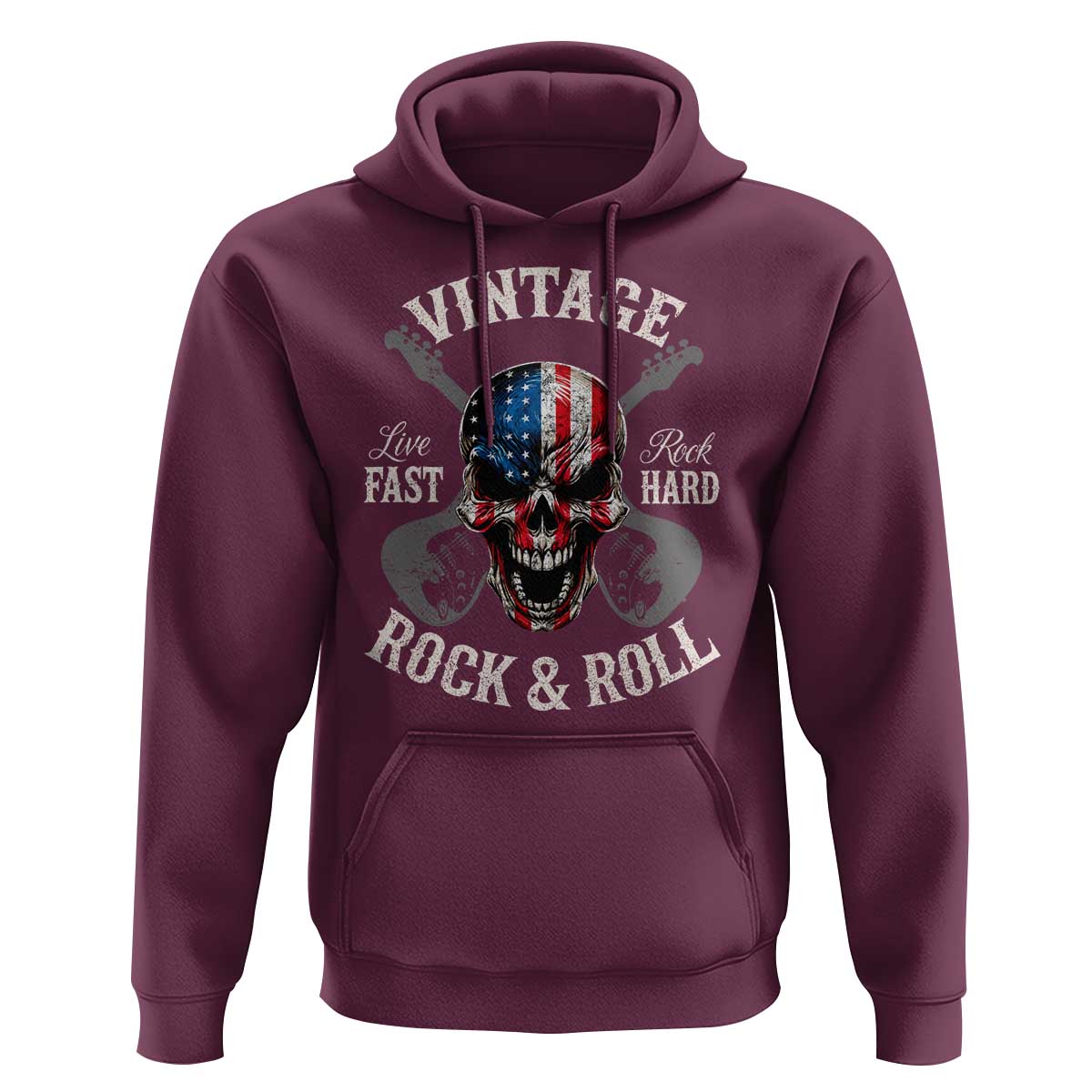 Vintage Rock and Roll Skull Guitar Rocker Hoodie Live Fast Rock Hard American Flag