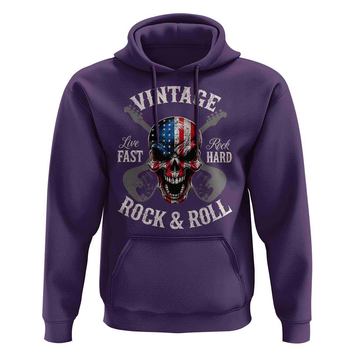 Vintage Rock and Roll Skull Guitar Rocker Hoodie Live Fast Rock Hard American Flag