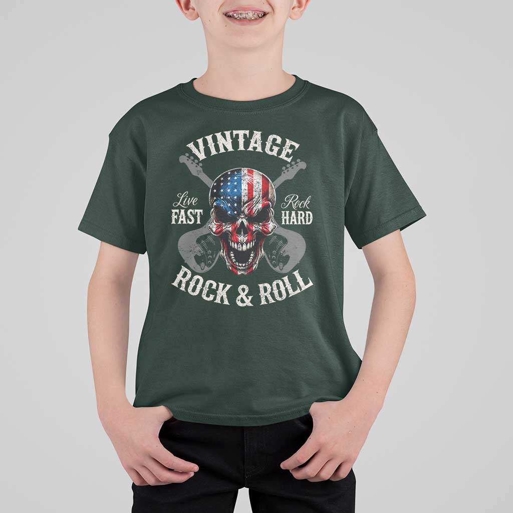 Vintage Rock and Roll Skull Guitar Rocker T Shirt For Kid Live Fast Rock Hard American Flag