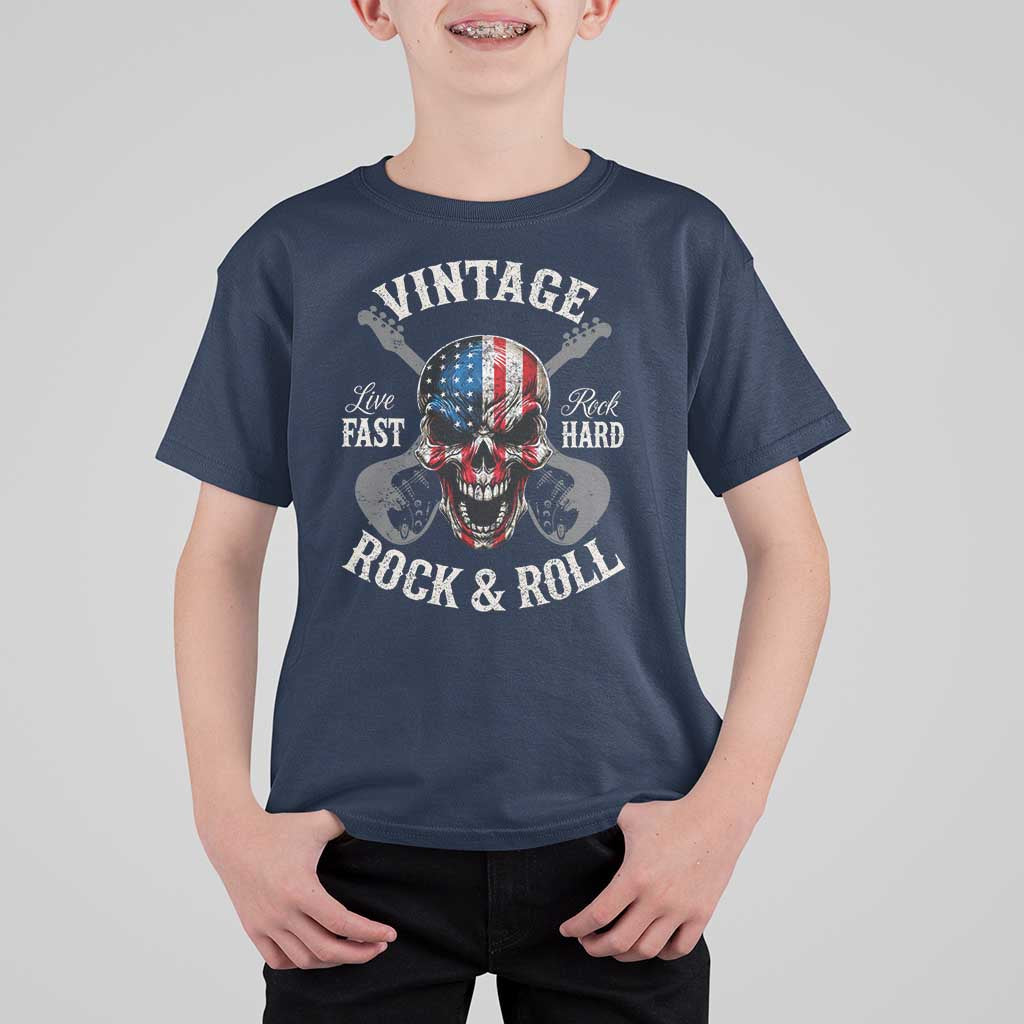 Vintage Rock and Roll Skull Guitar Rocker T Shirt For Kid Live Fast Rock Hard American Flag