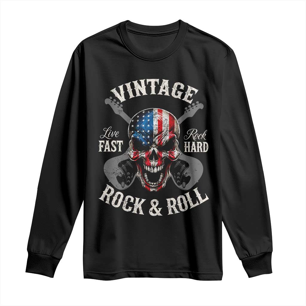 Vintage Rock and Roll Skull Guitar Rocker Long Sleeve Shirt Live Fast Rock Hard American Flag