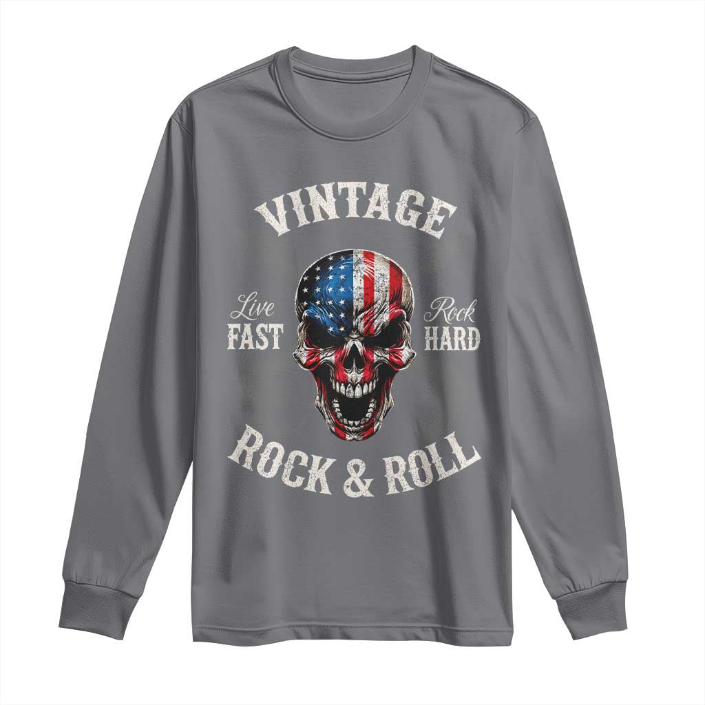 Vintage Rock and Roll Skull Guitar Rocker Long Sleeve Shirt Live Fast Rock Hard American Flag