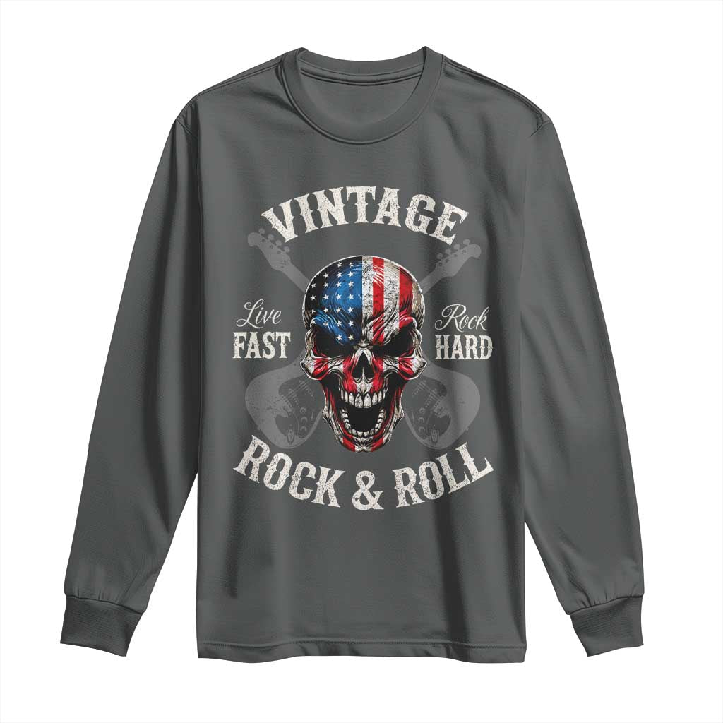 Vintage Rock and Roll Skull Guitar Rocker Long Sleeve Shirt Live Fast Rock Hard American Flag