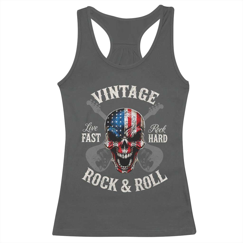 Vintage Rock and Roll Skull Guitar Rocker Racerback Tank Top Live Fast Rock Hard American Flag