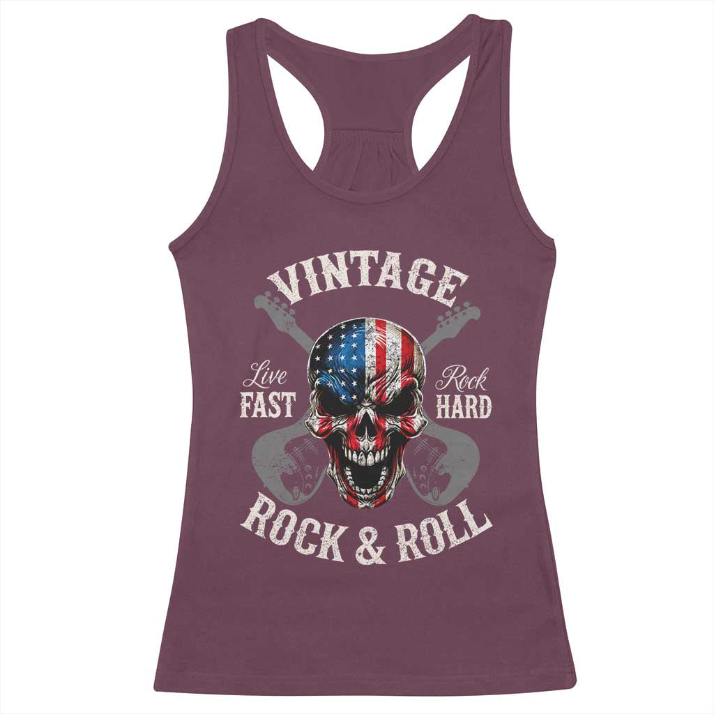 Vintage Rock and Roll Skull Guitar Rocker Racerback Tank Top Live Fast Rock Hard American Flag