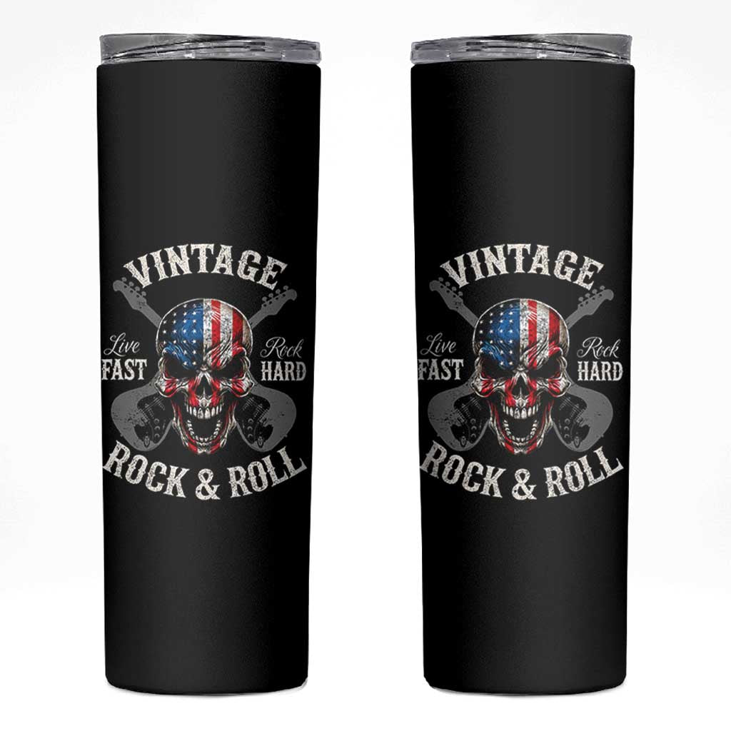 Vintage Rock and Roll Skull Guitar Rocker Skinny Tumbler Live Fast Rock Hard American Flag