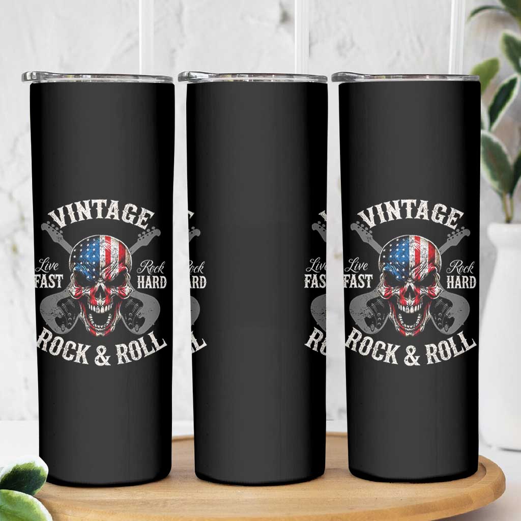Vintage Rock and Roll Skull Guitar Rocker Skinny Tumbler Live Fast Rock Hard American Flag