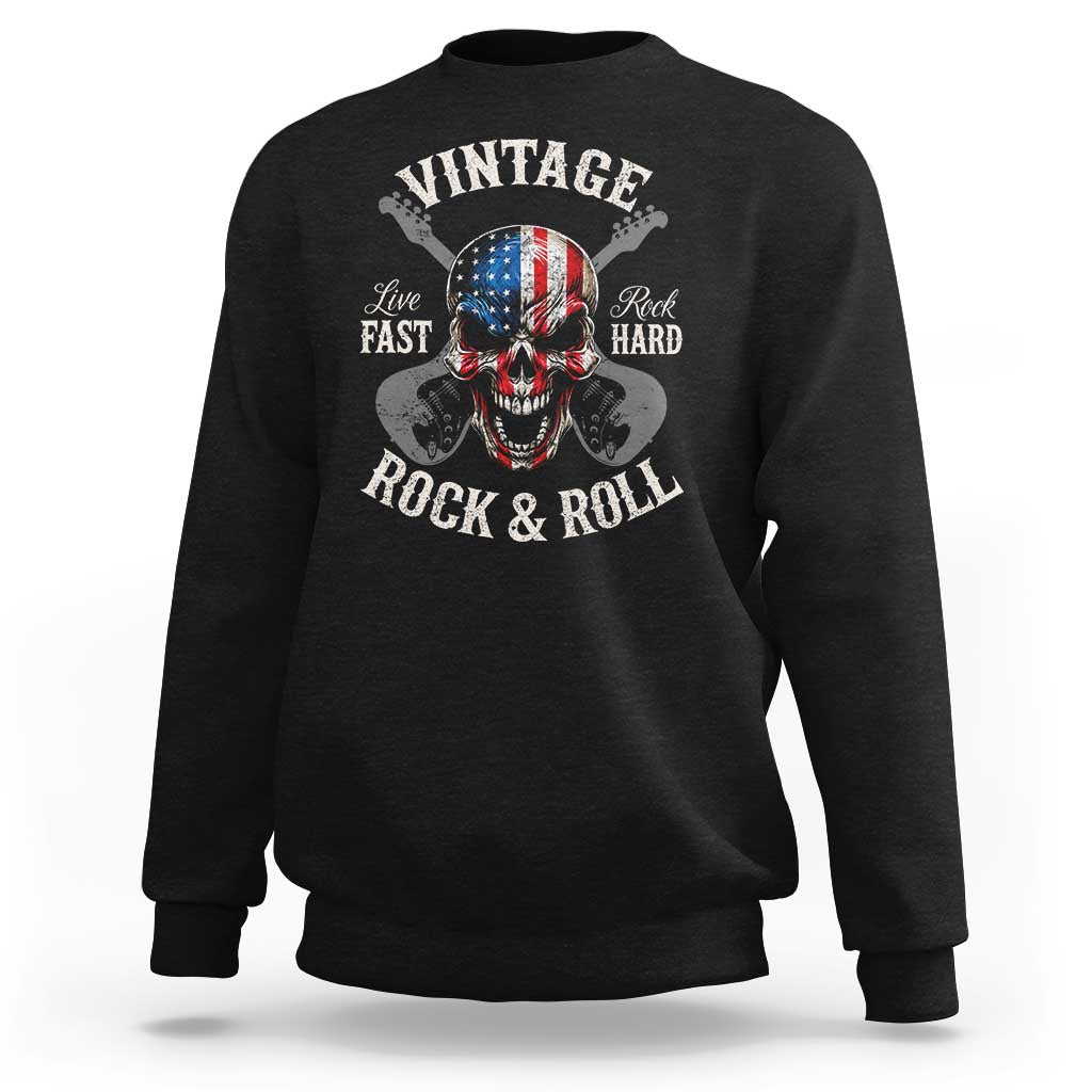Vintage Rock and Roll Skull Guitar Rocker Sweatshirt Live Fast Rock Hard American Flag