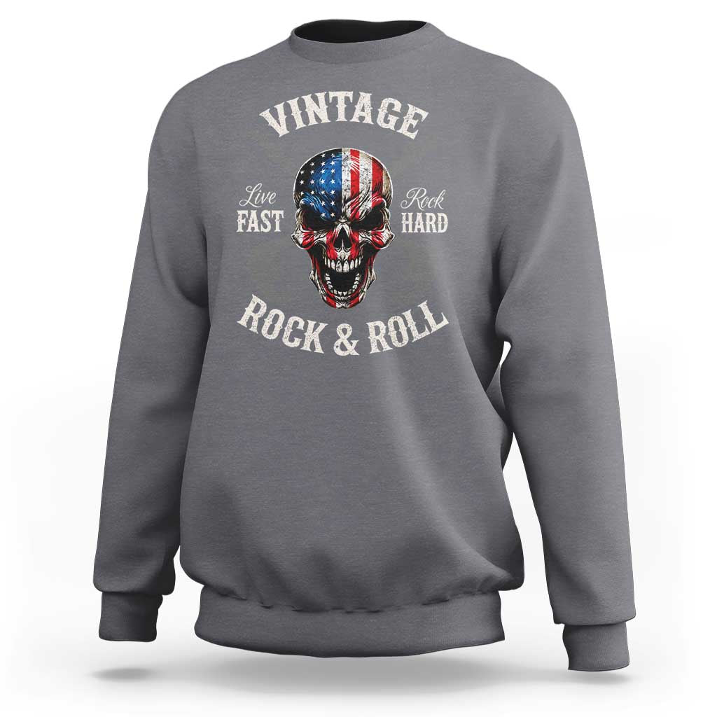 Vintage Rock and Roll Skull Guitar Rocker Sweatshirt Live Fast Rock Hard American Flag