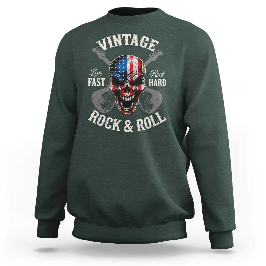 Vintage Rock and Roll Skull Guitar Rocker Sweatshirt Live Fast Rock Hard American Flag