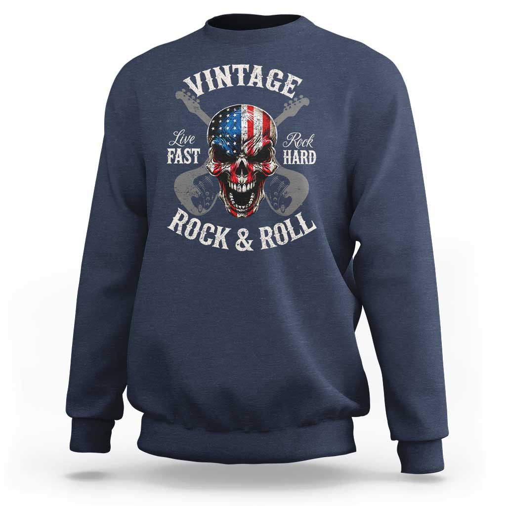 Vintage Rock and Roll Skull Guitar Rocker Sweatshirt Live Fast Rock Hard American Flag