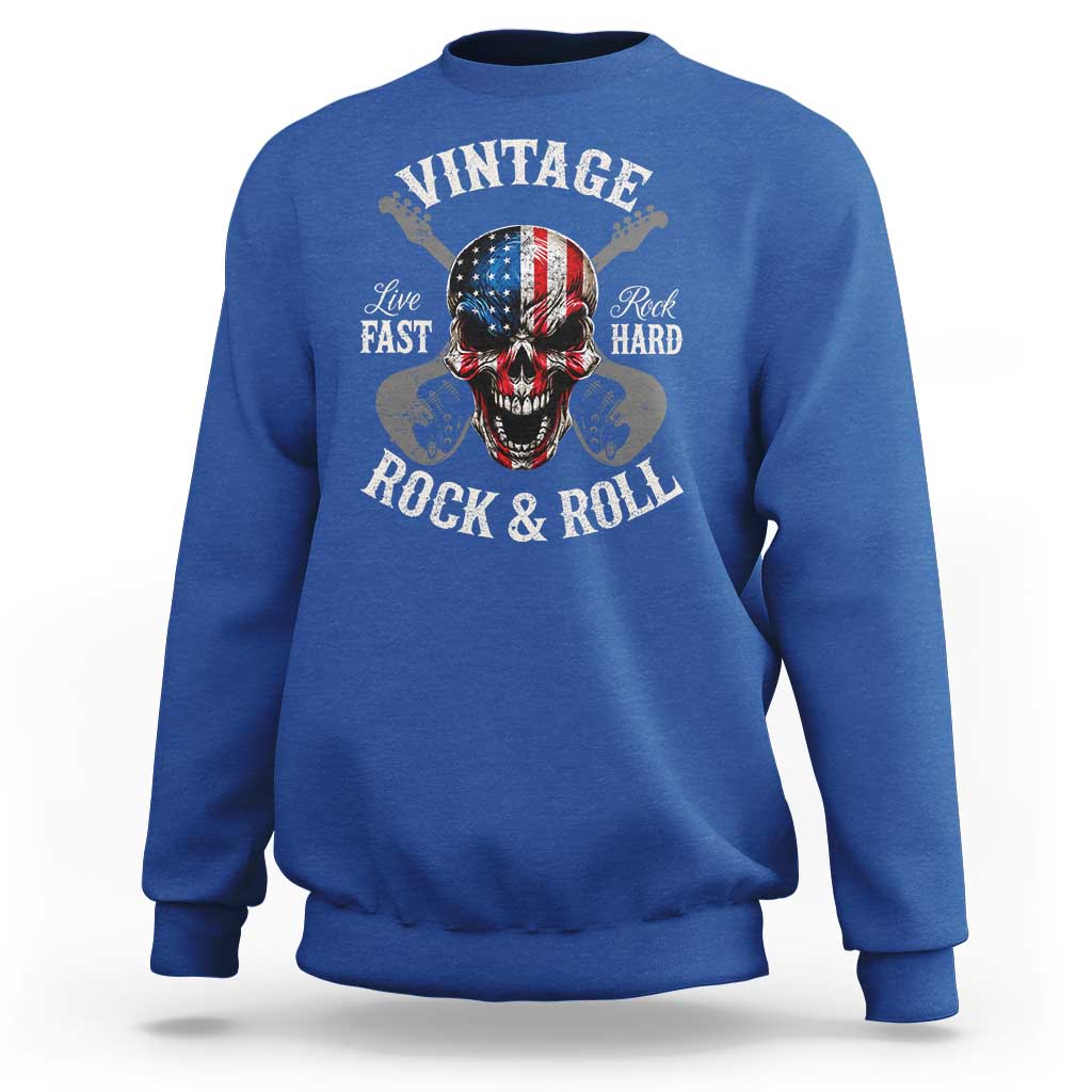 Vintage Rock and Roll Skull Guitar Rocker Sweatshirt Live Fast Rock Hard American Flag
