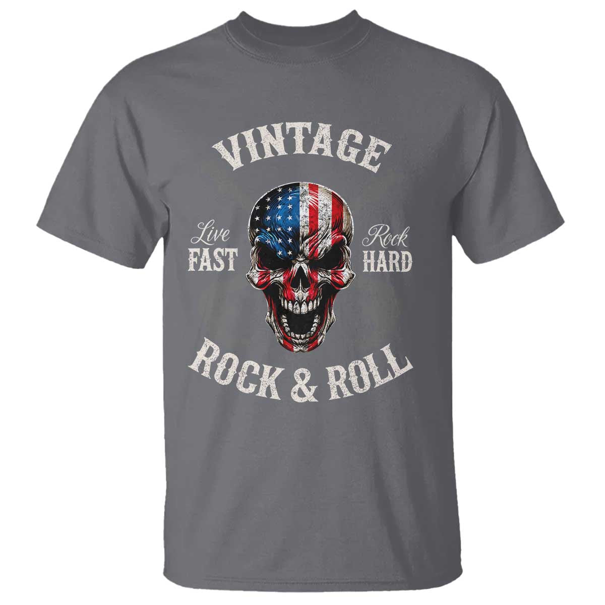 Vintage Rock and Roll Skull Guitar Rocker T Shirt Live Fast Rock Hard American Flag