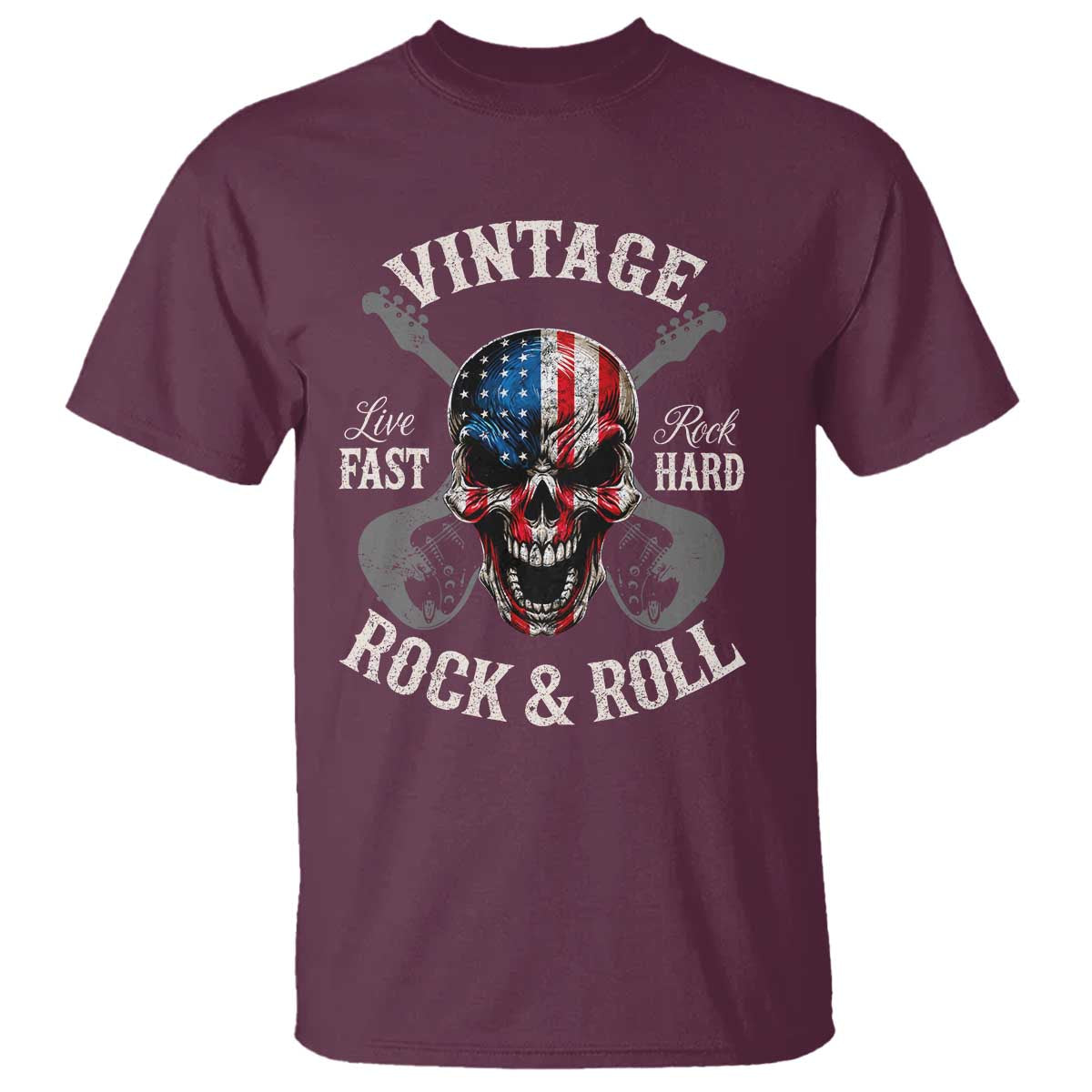 Vintage Rock and Roll Skull Guitar Rocker T Shirt Live Fast Rock Hard American Flag