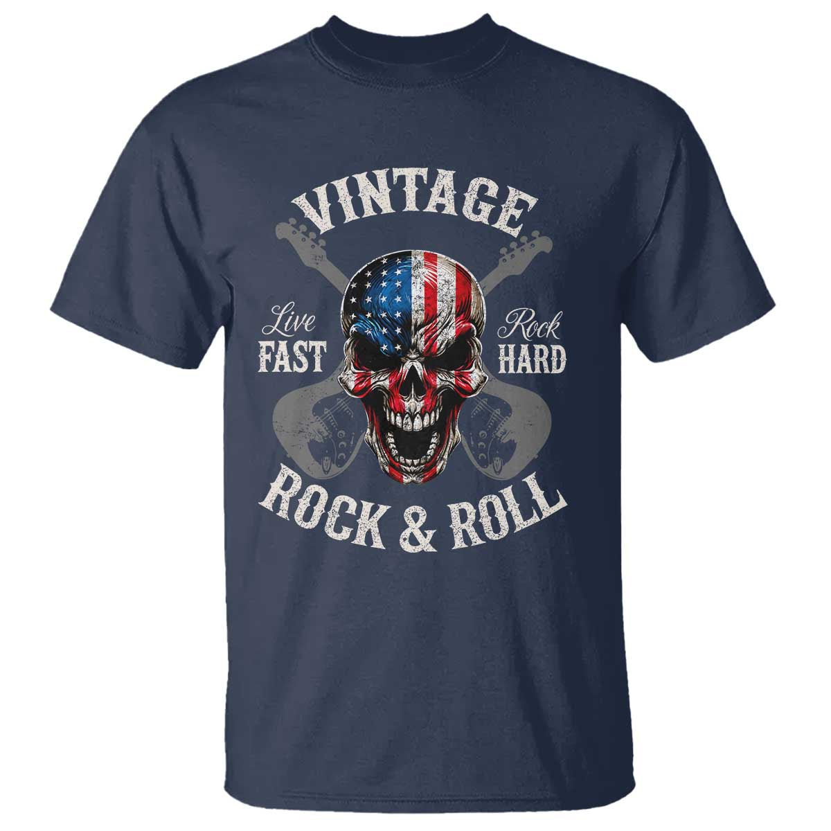 Vintage Rock and Roll Skull Guitar Rocker T Shirt Live Fast Rock Hard American Flag
