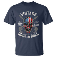 Vintage Rock and Roll Skull Guitar Rocker T Shirt Live Fast Rock Hard American Flag