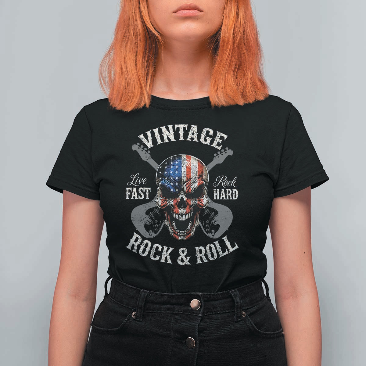 Vintage Rock and Roll Skull Guitar Rocker T Shirt For Women Live Fast Rock Hard American Flag