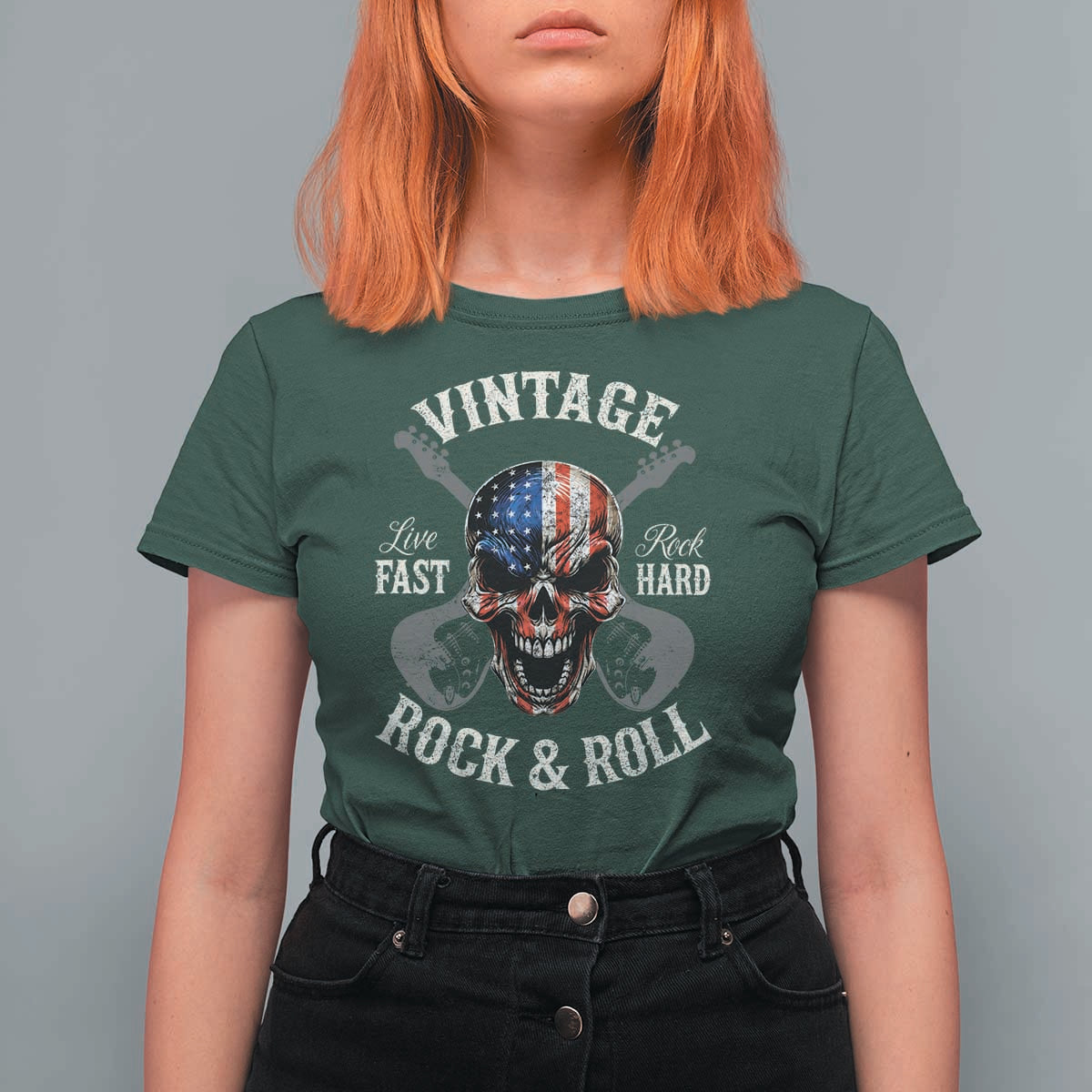 Vintage Rock and Roll Skull Guitar Rocker T Shirt For Women Live Fast Rock Hard American Flag