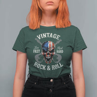 Vintage Rock and Roll Skull Guitar Rocker T Shirt For Women Live Fast Rock Hard American Flag