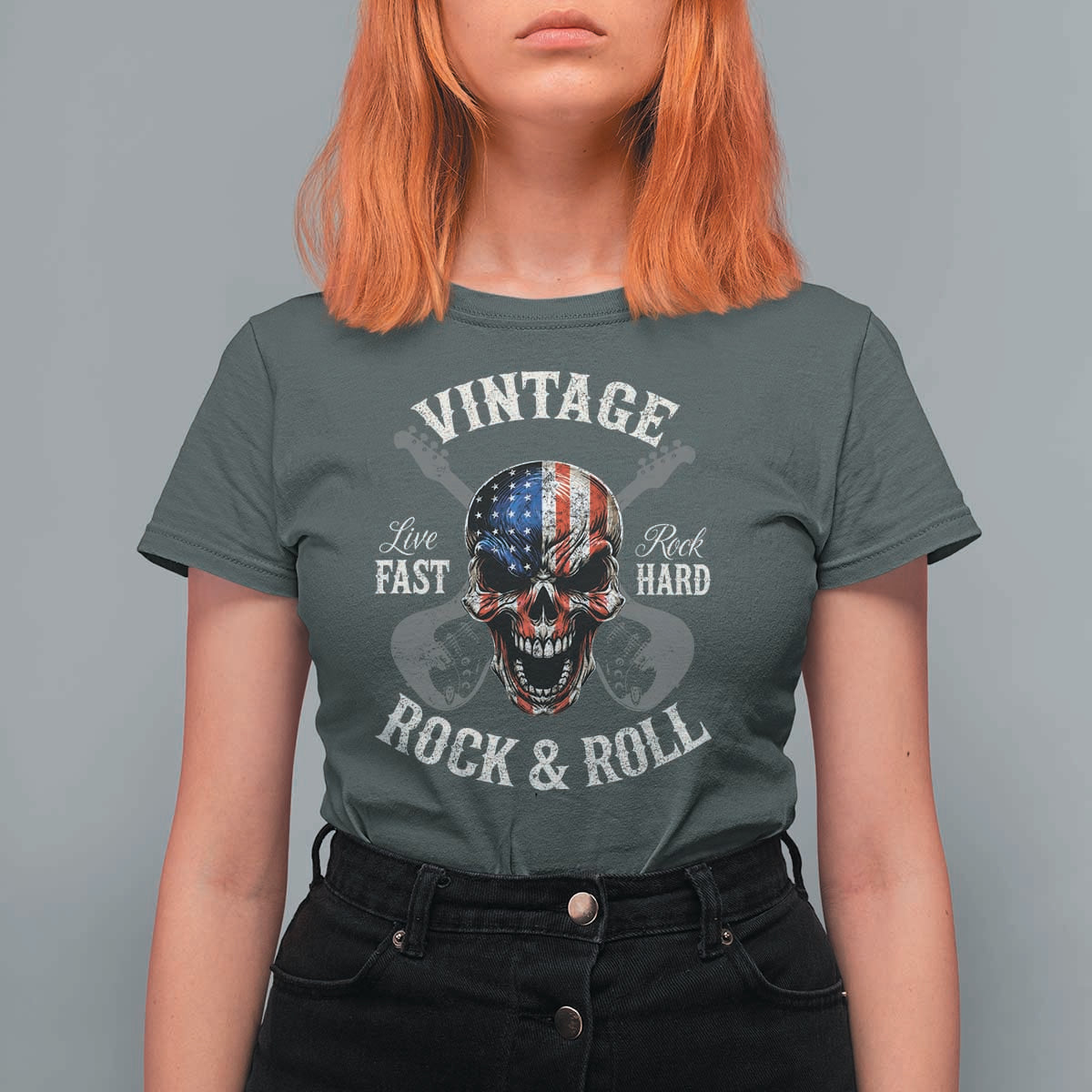 Vintage Rock and Roll Skull Guitar Rocker T Shirt For Women Live Fast Rock Hard American Flag