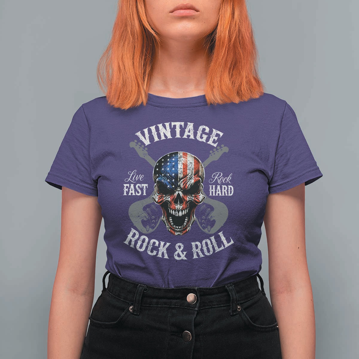 Vintage Rock and Roll Skull Guitar Rocker T Shirt For Women Live Fast Rock Hard American Flag