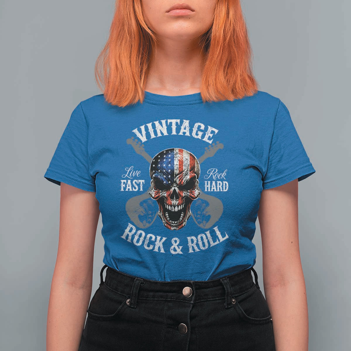 Vintage Rock and Roll Skull Guitar Rocker T Shirt For Women Live Fast Rock Hard American Flag