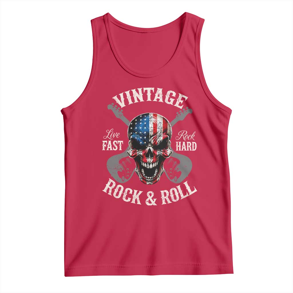 Vintage Rock and Roll Skull Guitar Rocker Tank Top Live Fast Rock Hard American Flag