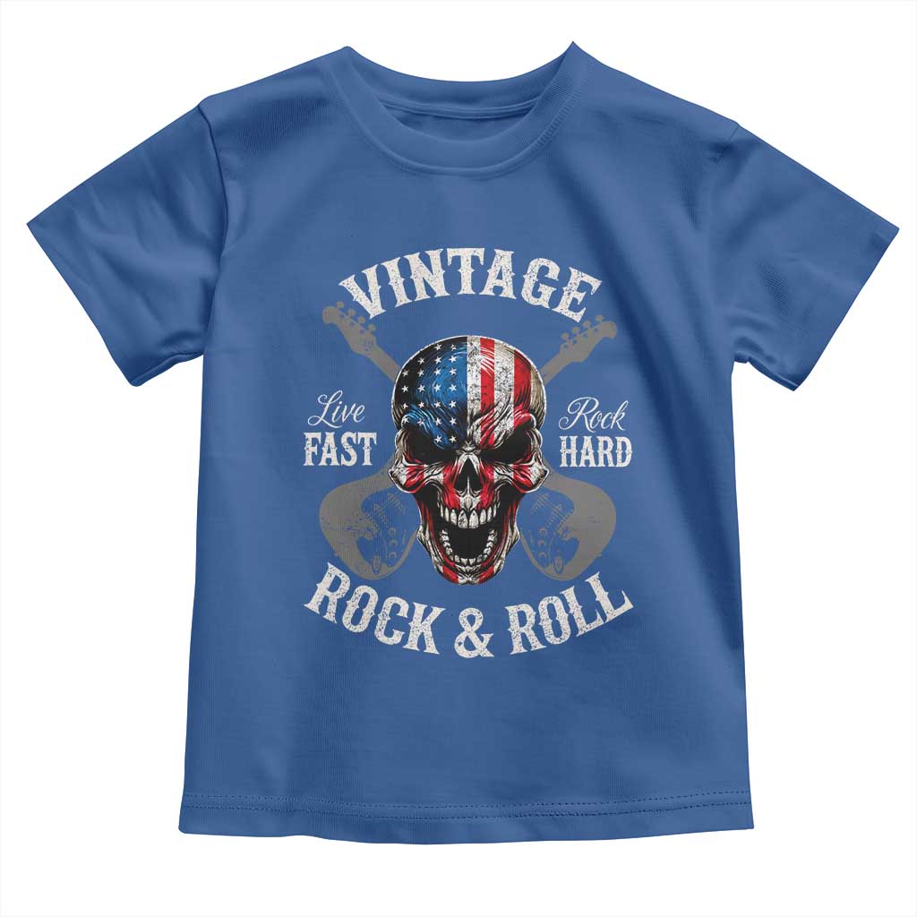 Vintage Rock and Roll Skull Guitar Rocker Toddler T Shirt Live Fast Rock Hard American Flag