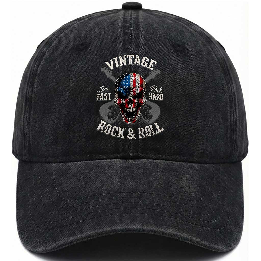 Vintage Rock and Roll Skull Guitar Rocker Washed Cotton Baseball Cap Live Fast Rock Hard American Flag