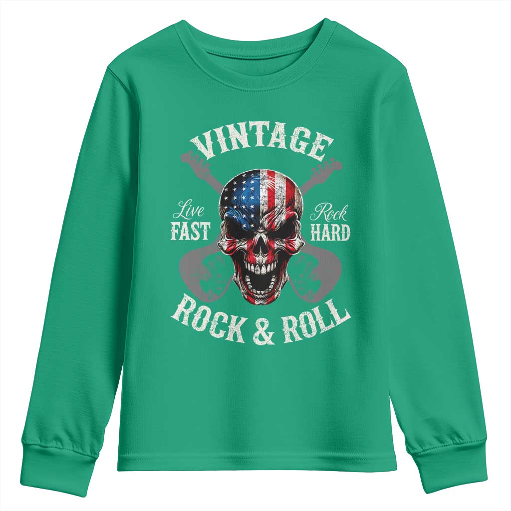 Vintage Rock and Roll Skull Guitar Rocker Youth Sweatshirt Live Fast Rock Hard American Flag