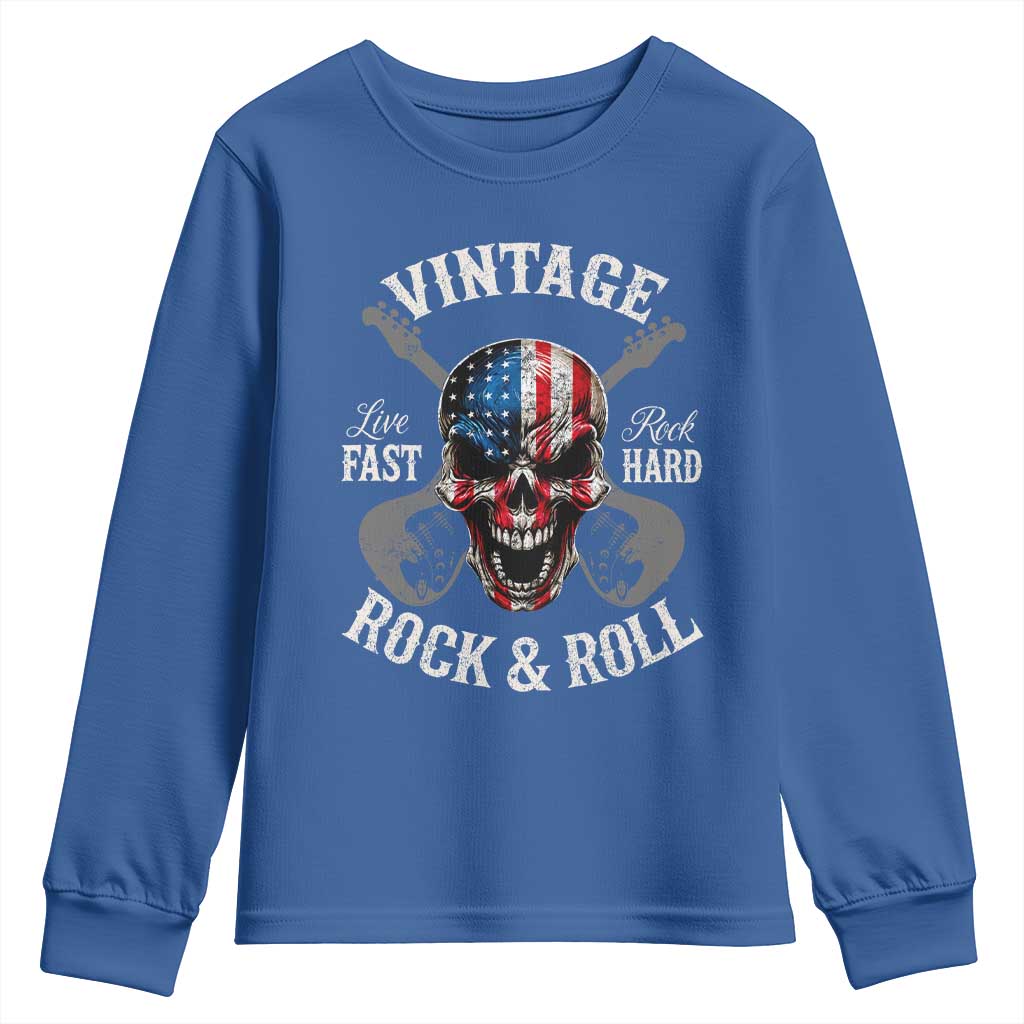 Vintage Rock and Roll Skull Guitar Rocker Youth Sweatshirt Live Fast Rock Hard American Flag
