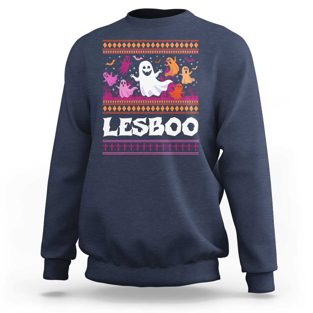 Funny Halloween Lesbian Sweatshirt Lesboo Ghost Bat LGBT Graveyard - Wonder Print Shop