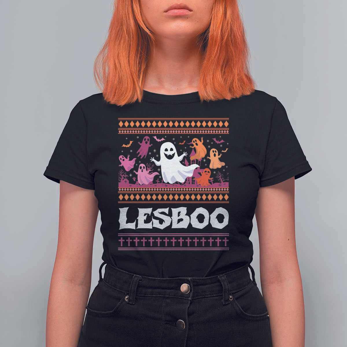 Funny Halloween Lesbian T Shirt For Women Lesboo Ghost Bat LGBT Graveyard - Wonder Print Shop