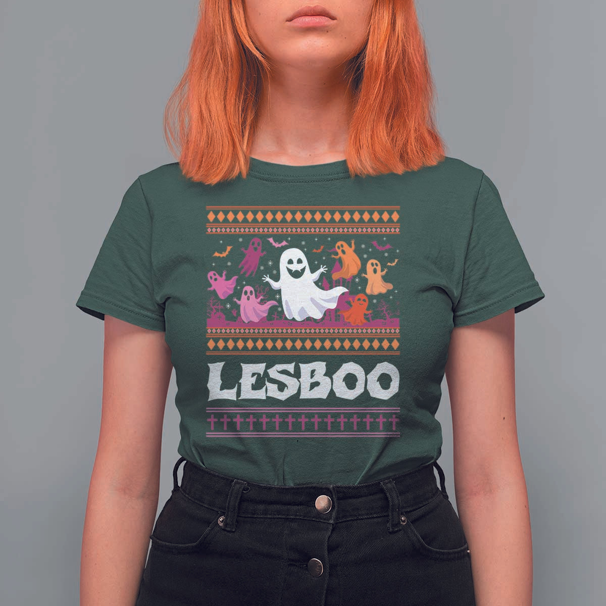 Funny Halloween Lesbian T Shirt For Women Lesboo Ghost Bat LGBT Graveyard - Wonder Print Shop