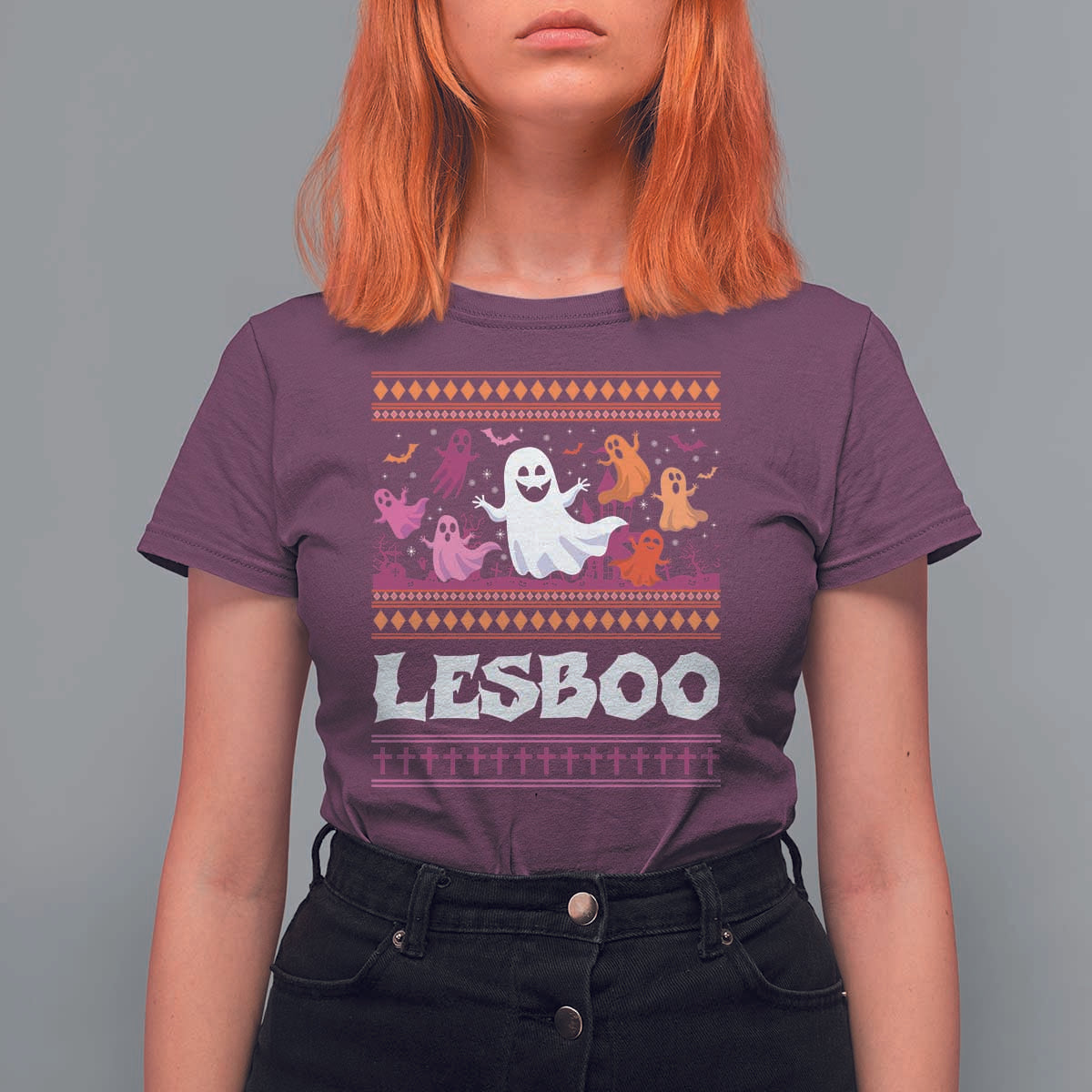 Funny Halloween Lesbian T Shirt For Women Lesboo Ghost Bat LGBT Graveyard - Wonder Print Shop