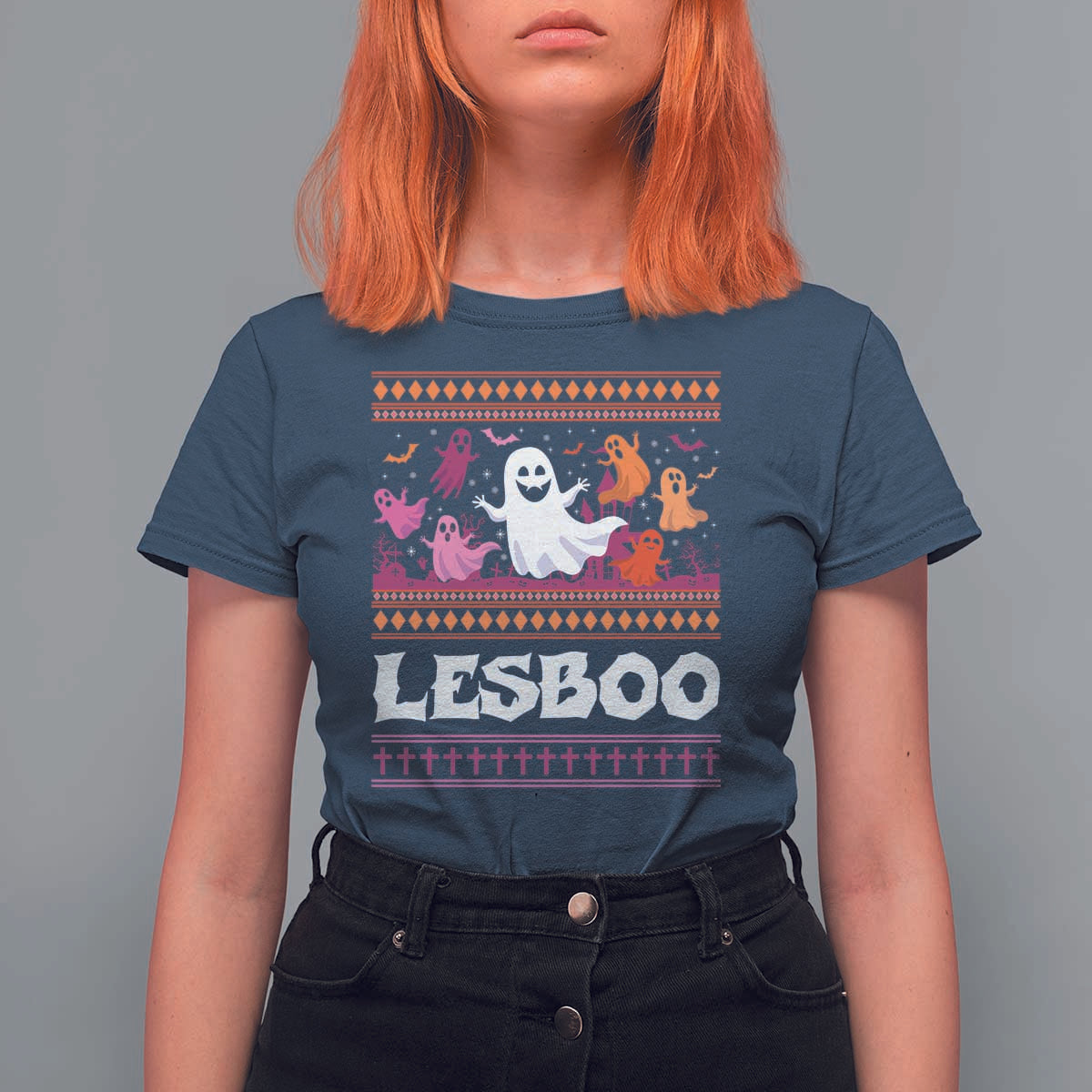Funny Halloween Lesbian T Shirt For Women Lesboo Ghost Bat LGBT Graveyard - Wonder Print Shop