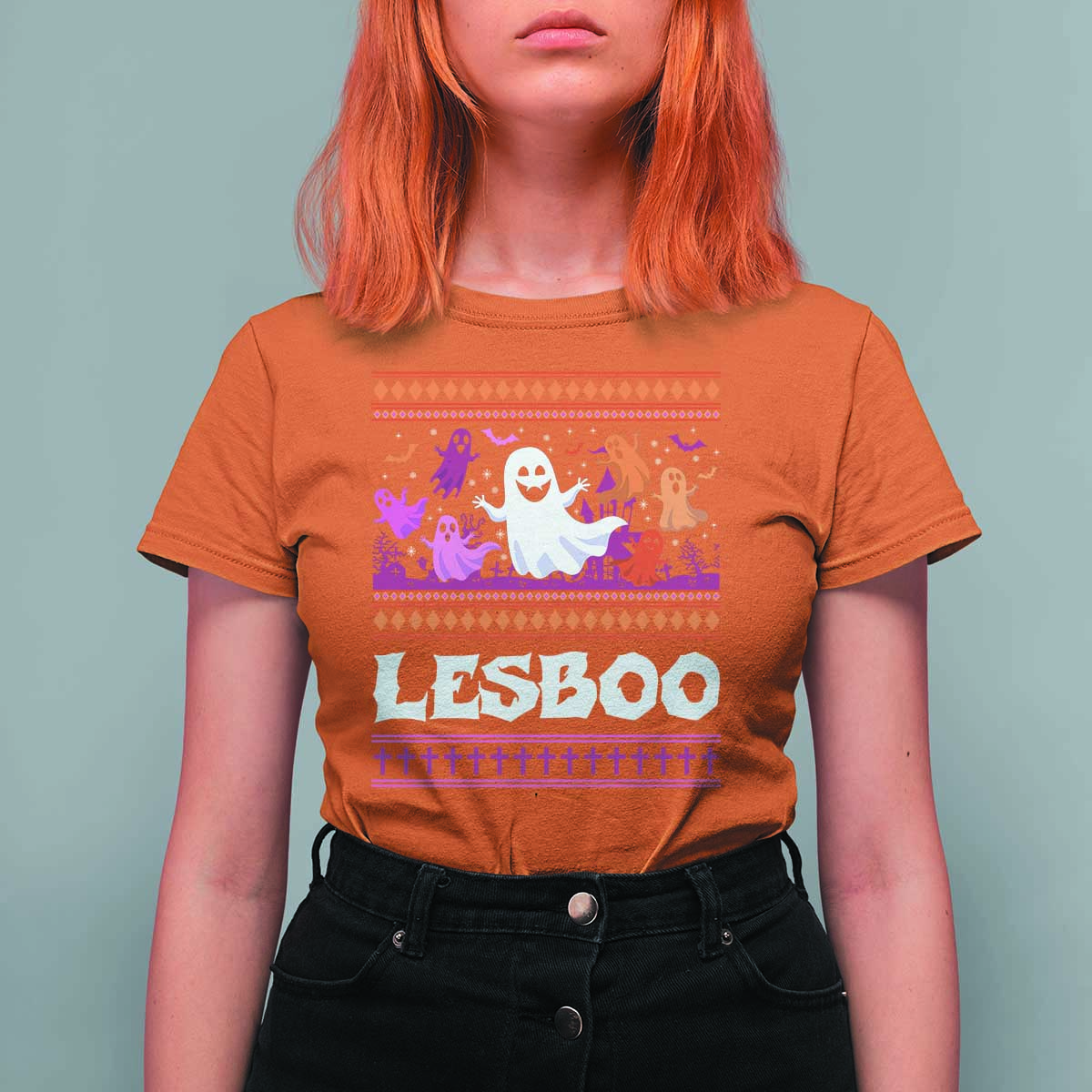 Funny Halloween Lesbian T Shirt For Women Lesboo Ghost Bat LGBT Graveyard - Wonder Print Shop
