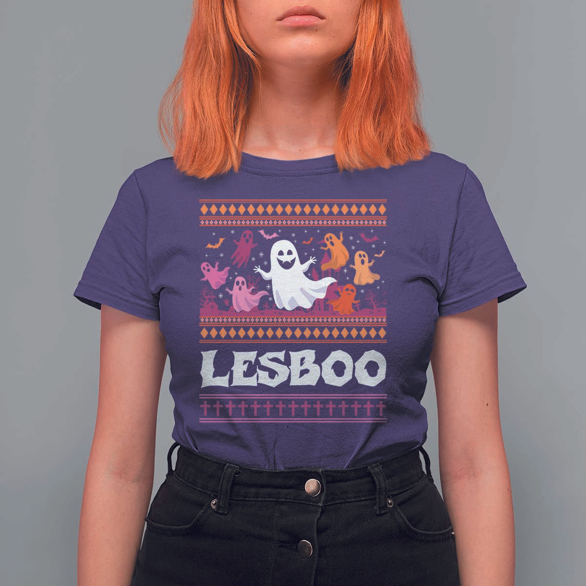 Funny Halloween Lesbian T Shirt For Women Lesboo Ghost Bat LGBT Graveyard - Wonder Print Shop