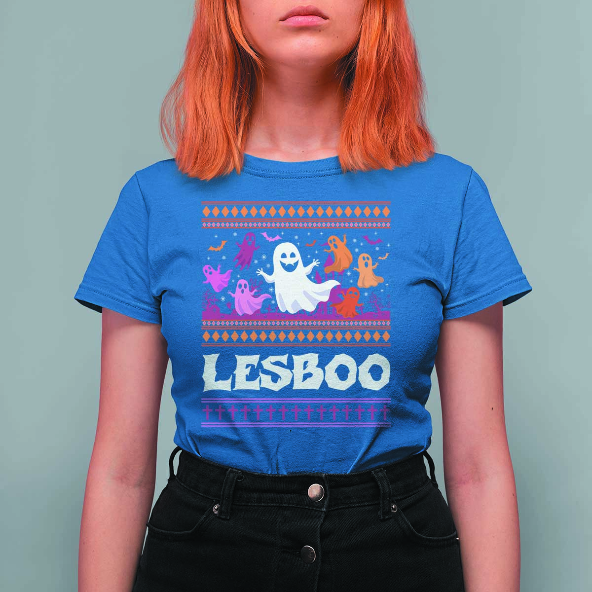 Funny Halloween Lesbian T Shirt For Women Lesboo Ghost Bat LGBT Graveyard - Wonder Print Shop