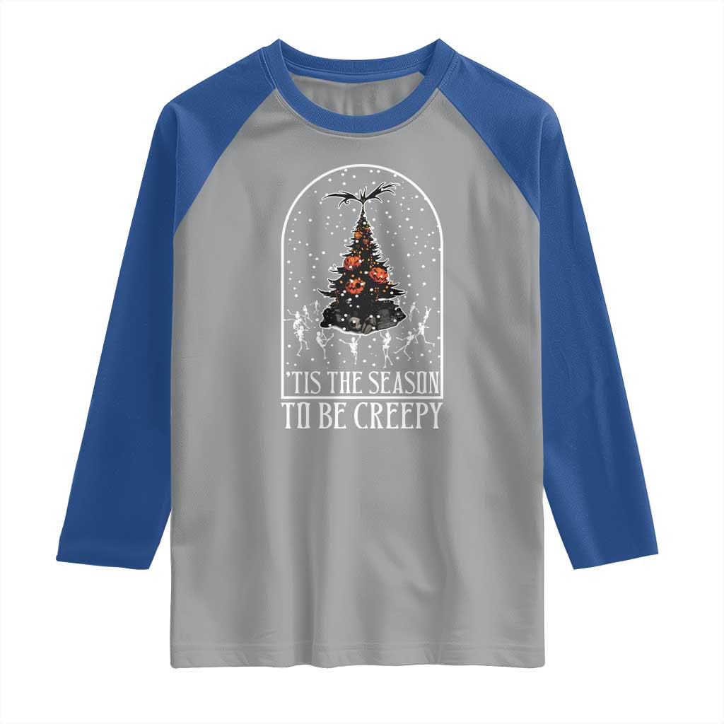 Halloween Christmas Raglan Shirt Tis The Season To Be Creepy Xmas Tree Skeleton Snowy - Wonder Print Shop
