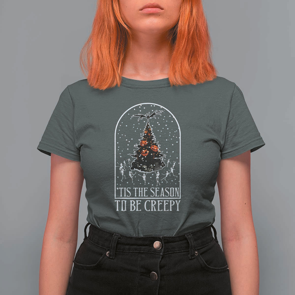 Halloween Christmas T Shirt For Women Tis The Season To Be Creepy Xmas Tree Skeleton Snowy - Wonder Print Shop