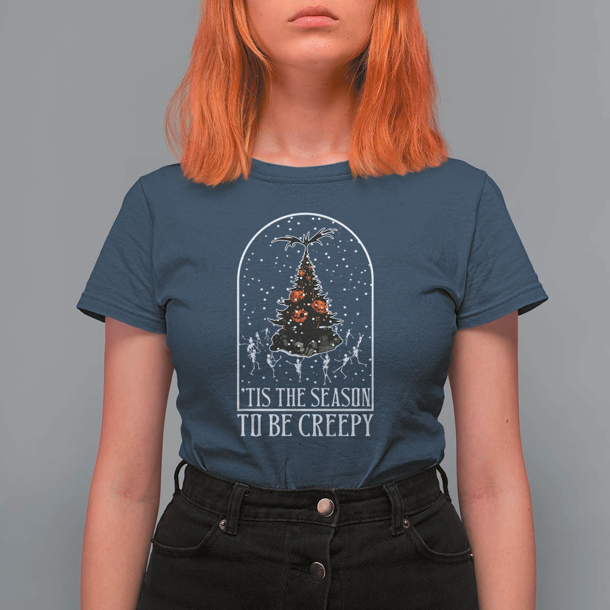 Halloween Christmas T Shirt For Women Tis The Season To Be Creepy Xmas Tree Skeleton Snowy - Wonder Print Shop