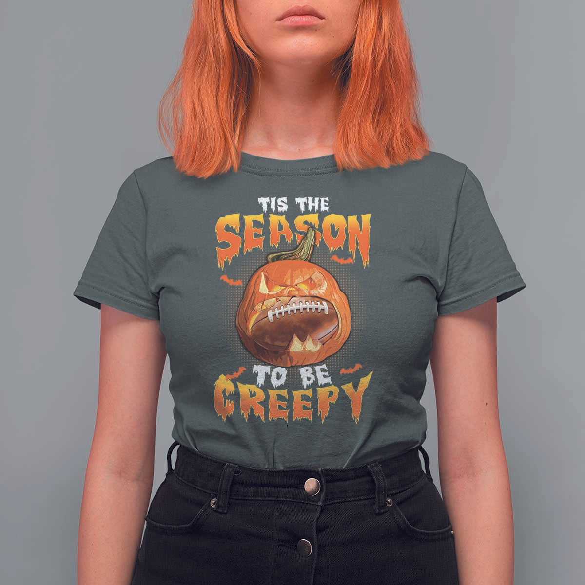 Funny Halloween Football T Shirt For Women Tis The Season To Be Creepy Pumpkin American Football Bat - Wonder Print Shop