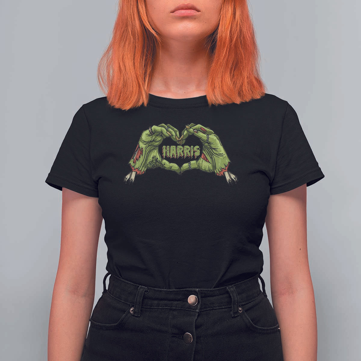 Funny Harris Halloween T Shirt For Women Harris Heart Green Zombie Hand Election 2024 Costume - Wonder Print Shop