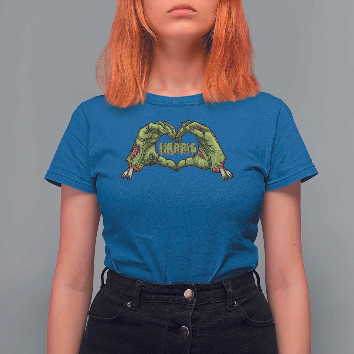 Funny Harris Halloween T Shirt For Women Harris Heart Green Zombie Hand Election 2024 Costume - Wonder Print Shop