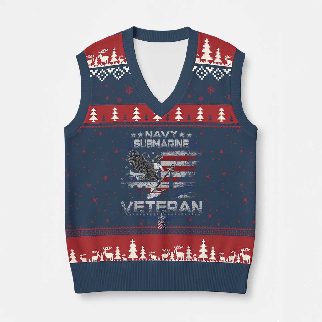 Navy Submarine Veteran V-Neck Knit Sweater Vest Military Patriotic Vintage American Flag